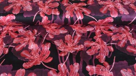 Viscose Satin Shadow Flowers Red