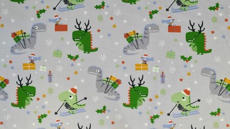 Cotton Jersey Christmas Dino Grey