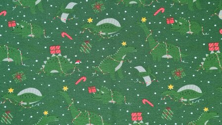 Cotton Jersey Christmas Dino Green
