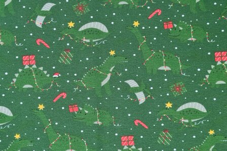 Cotton Jersey Christmas Dino Green