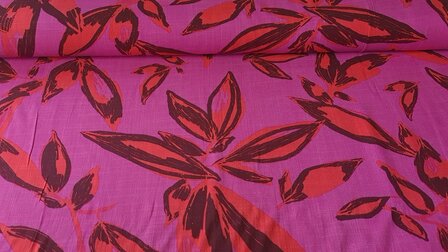 Viscose Stretch Woven Leaves Pink