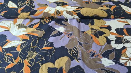 Viscose Crepe Painted Flowers Navy