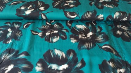 Viscose Satin Flowers Petrol