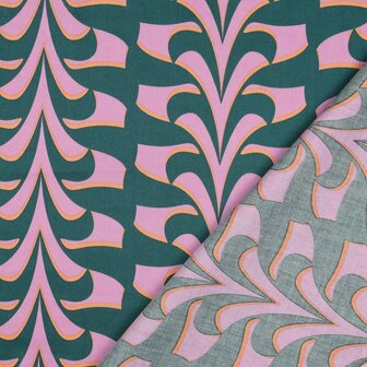 Cotton Satin Abstract Green/Pink 