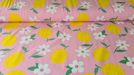 Cotton Jersey Flowers &amp; Lemons Pink