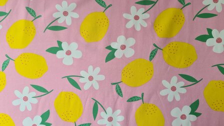 Cotton Jersey Flowers &amp; Lemons Pink