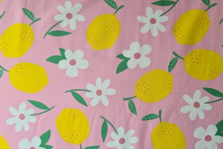 Cotton Jersey Flowers &amp; Lemons Pink