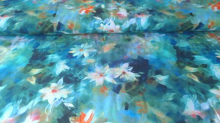 Viscose Digital Faded Flowers Petrol