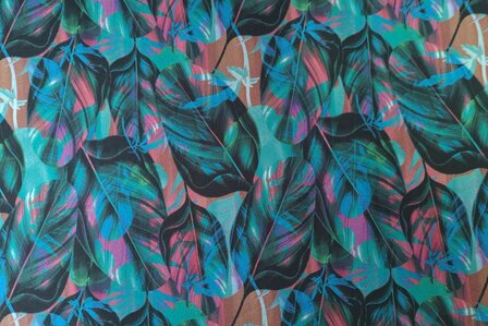 French Terry Multi-Colour Leaves Petrol