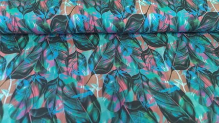 French Terry Multi-Colour Leaves Petrol