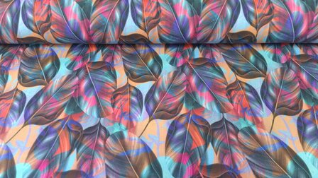 French Terry  Multi-Colour Leaves Salmon