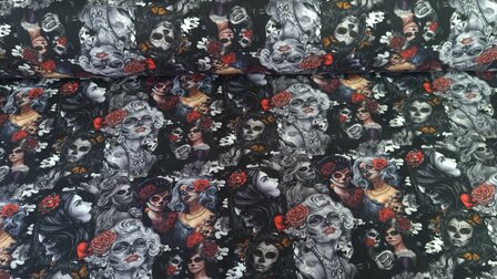 Cotton Jersey Dark Skulls &amp; Flowers 