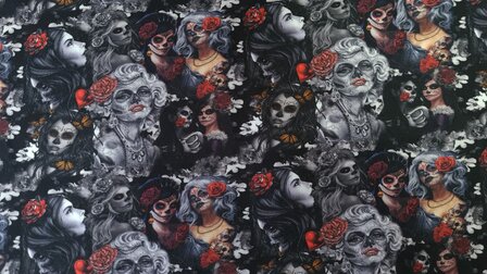 Cotton Jersey Dark Skulls &amp; Flowers 
