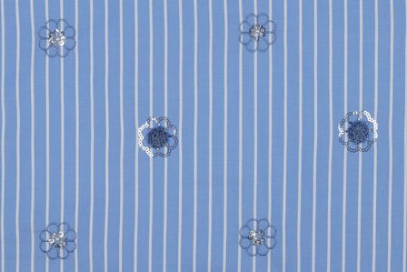 Cotton Embroidery Stripes / Flowers Blue