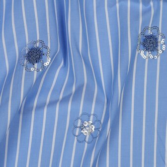 Cotton Embroidery Stripes / Flowers Blue