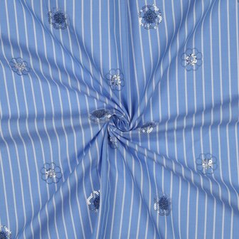 Cotton Embroidery Stripes / Flowers Blue