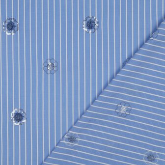 Cotton Embroidery Stripes / Flowers Blue