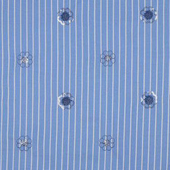 Cotton Embroidery Stripes / Flowers Blue