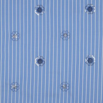 Cotton Embroidery Stripes / Flowers Blue