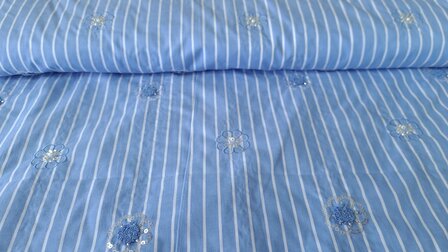 Cotton Embroidery Stripes / Flowers Blue