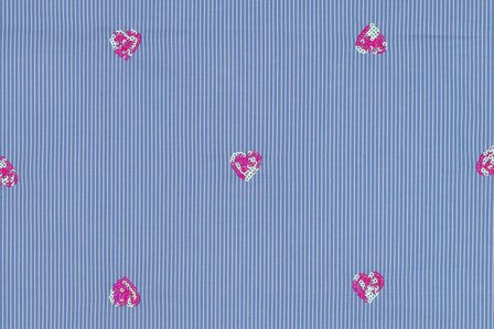 Cotton Embroidery Stripes / Hearts Blue