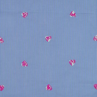 Cotton Embroidery Stripes / Hearts Blue