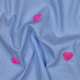 Cotton Embroidery Stripes / Hearts Blue