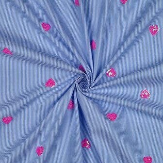 Cotton Embroidery Stripes / Hearts Blue