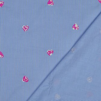 Cotton Embroidery Stripes / Hearts Blue
