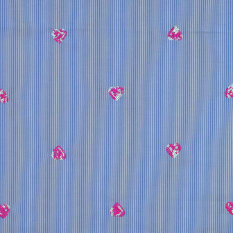 Cotton Embroidery Stripes / Hearts Blue