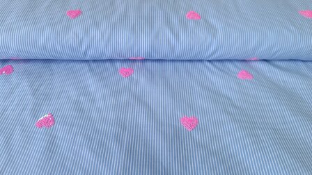 Cotton Embroidery Stripes / Hearts Blue