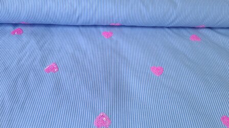 Cotton Embroidery Stripes / Hearts Blue
