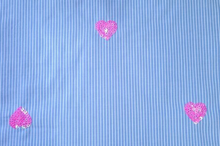 Cotton Embroidery Stripes / Hearts Blue