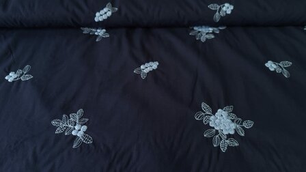 Cotton Voile Embroidery Flowers Navy