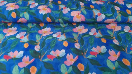 Viscose Stretch Flowers Blue