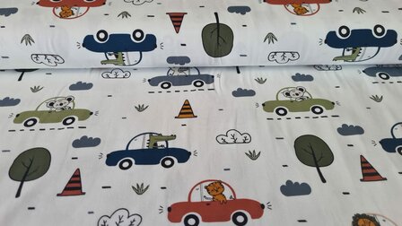 Cotton Jersey Animals in Cars Off White