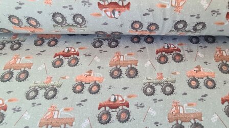 Cotton Jersey Animals in Monstertrucks Green