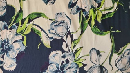 Viscose Stretch Satin Flowers Navy
