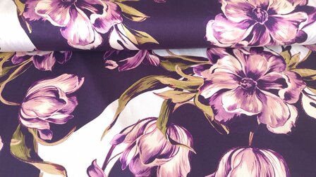 Viscose Stretch Satin Flowers Purple