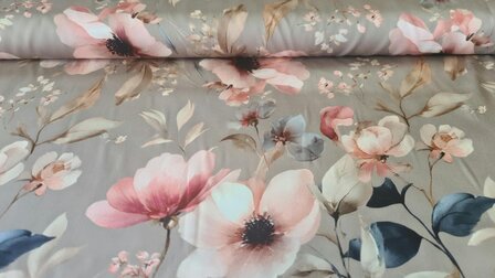 Viscose Satin Flowers Beige