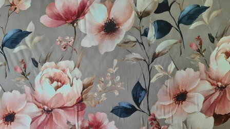 Viscose Satin Flowers Beige