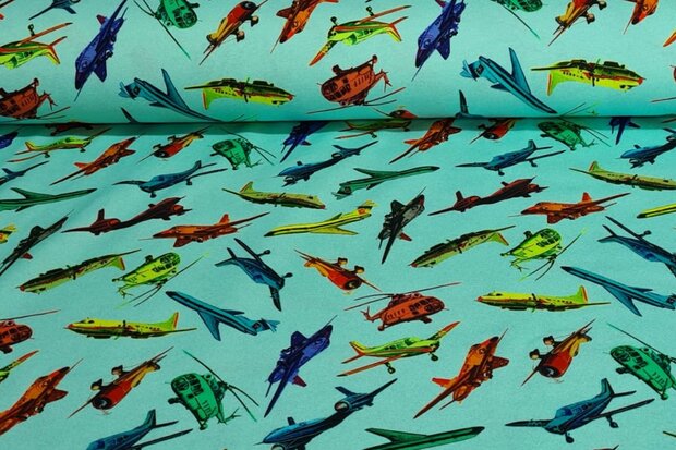 Cotton Jersey Airplanes Turquoise