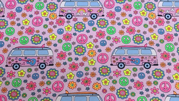 Cotton Jersey Neon Hippie Bus Pink