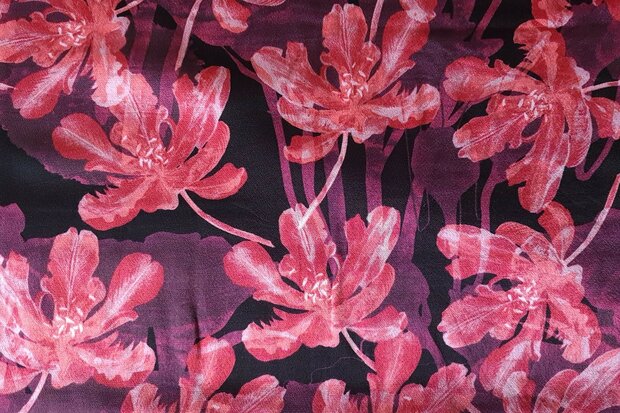 Viscose Satin Shadow Flowers Red