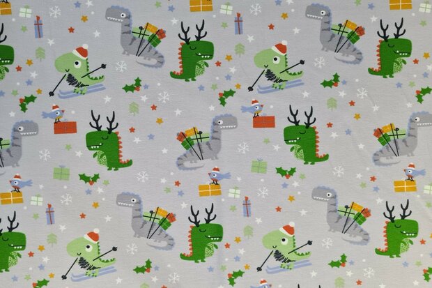 Cotton Jersey Christmas Dino Grey