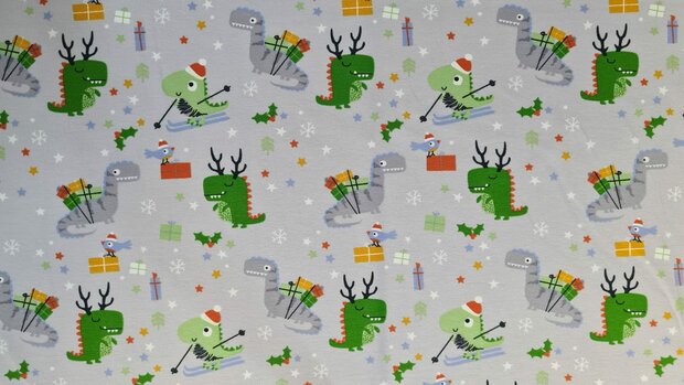 Cotton Jersey Christmas Dino Grey