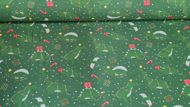 Cotton Jersey Christmas Dino Green