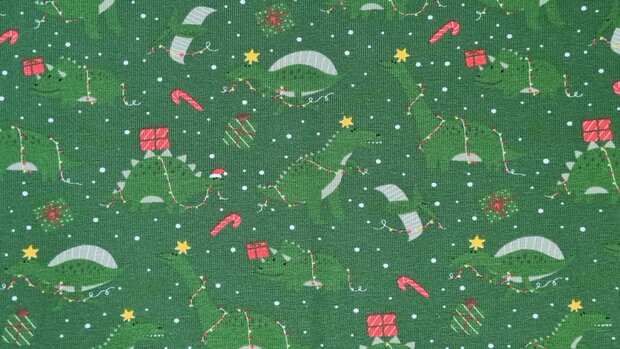 Cotton Jersey Christmas Dino Green