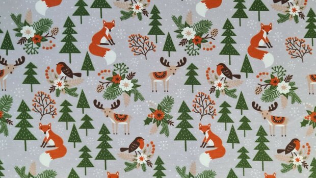 Cotton Jersey Christmas Fox Grey