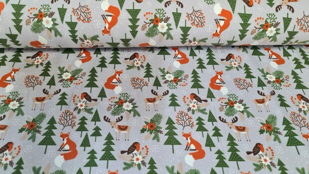 Cotton Jersey Christmas Fox Grey